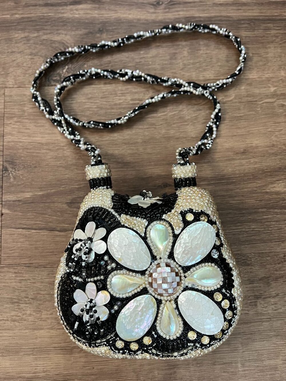 Mary Frances Vintage Beaded Handbag Ivory Opal Shell Floral Purse